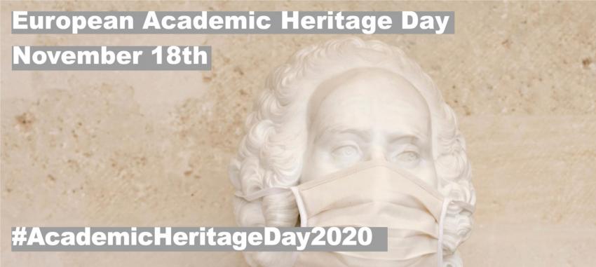 Baner reklamowy Europejskiego Dnia Dziedzictwa Akademickiego, który przedstawia marmurowe popiersie z twarzą zasłoniętą maseczką higieniczną.