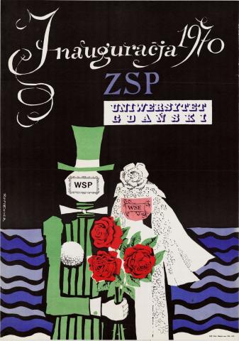 Plakat z młodą parą na ślubnym kobiercu, który oznacza symboliczne połączenie dwóch uczelni w Uniwersytet Gdański w roku 1970.