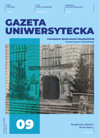 Okładka numeru Gazety Uniwersyteckiej z artykułem o katalogu polskich muzeów uczelnianych wydanym w języku angielskim.