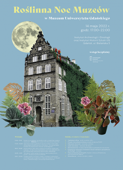 Plakat wydarzenia z kamienicą Domem Opatów Pelplińskich w kwiatach
